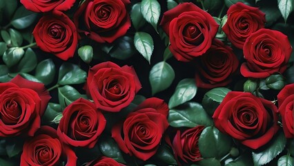 Seamless valentine concept red roses on black background texture from Generative AI