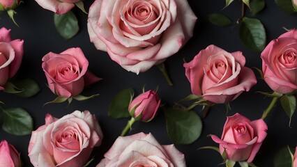 Seamless valentine concept pink roses on black background texture from Generative AI