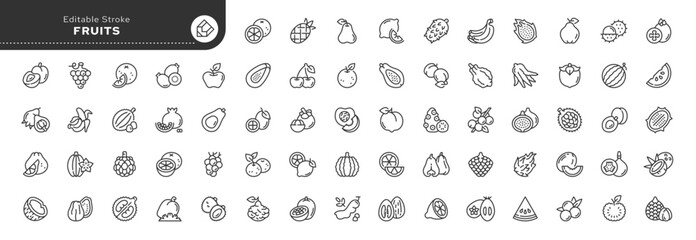 Set of line icons in linear style. Set - Fruits and exotic fruits. Edible fruits of trees and plants. Outline icon collection. Pictogram and infographic. Editable stroke.	