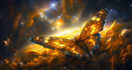 butterfly Effect - butterfly with glowing wings flies through space, surrounded by stars, planets, and colorful nebulas, giving a fantasy cosmic scene