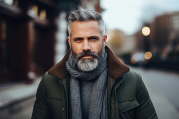 Portrait of a handsome bearded man with gray beard in a green coat and gray scarf on the city street