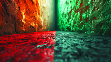 red surface on the left and a green surface on the right, textured and rough, representing loss and profit - obrazy, fototapety, plakaty