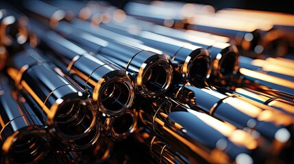 Steel pipes of different diameters in the warehouse of pipelines and spare parts for oil refining petrochemical equipment - obrazy, fototapety, plakaty