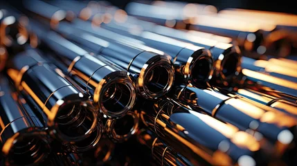 Fotobehang Steel pipes of different diameters in the warehouse of pipelines and spare parts for oil refining petrochemical equipment © Aliaksandra