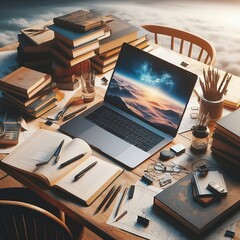 The image depicts a table with a laptop, numerous book and pen holders, and glasses on the table AI Generated