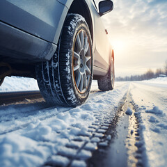 winter driving on icy road close up of vehicle car transport tire in snow background landscape - obrazy, fototapety, plakaty