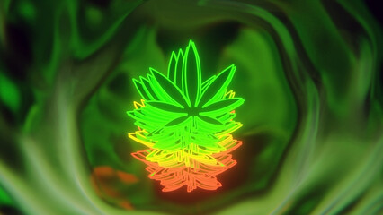 An abstract dark green metal background with a floating  rasta colors neon lights in the shape of a cannabis leaf. This image is suitable for celebrating 420 cannabis culture and product ads