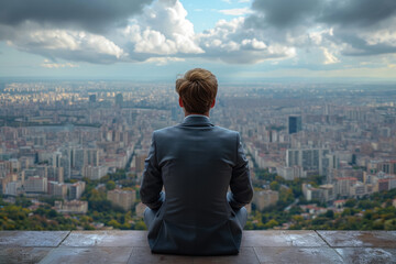Fototapeta na wymiar Businessman looking for modern city and blue sky clouds, Cityscape view , business plan success concept