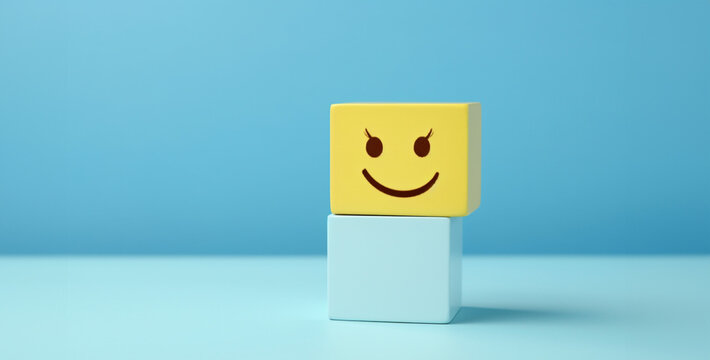 Conceptual image of happy and sad emoticons on toy cubes, 3d illustration of happy and sad smileys on wooden cubes over blue background
, Smile face in bright side and sad face