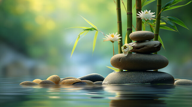 A relaxing image of stones on water with bamboo pillars behind them, background bamboo. Yoga Concept. 