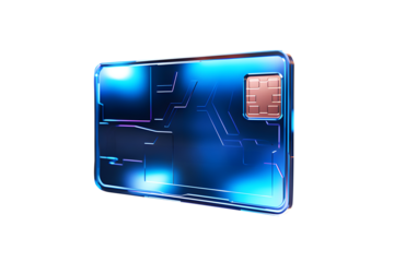 Holographic of digital blue credit card display isolated on cut out PNG or transparent background. Technology Online credit card payment for purchases from online stores and online shopping.