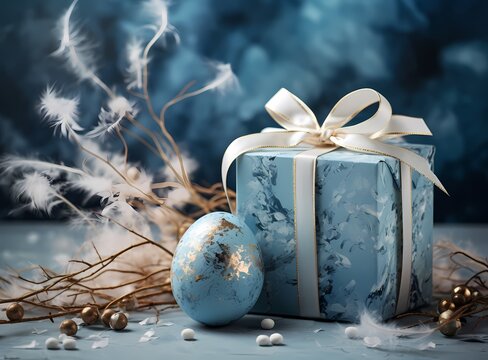Fototapeta blue fur fluffy gift box with easter egg
