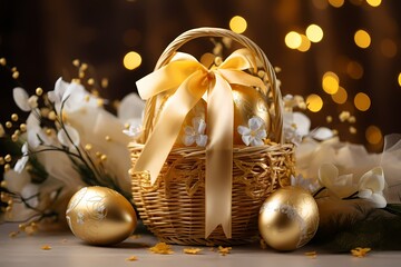 luxurious easter eggs in the basket in gold color tone