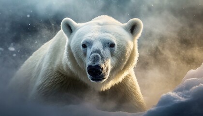 Arctic Awakening: A lone polar bear emerges from mist, its fur rendered in photorealistic precision.