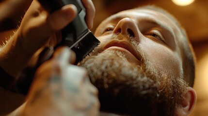 Precision Beard Grooming by Skilled Barber at a Stylish Salon: Expert Barber Using Electric Clippers for Defined Haircut and Beard Shaping - obrazy, fototapety, plakaty