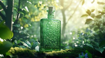 Forest Luxury Background,3d glass bottel Packaging Mockup, Nature Elegance, Ai generated - obrazy, fototapety, plakaty
