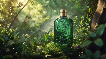 Forest Luxury Background,3d glass bottel Packaging Mockup, Nature Elegance, Ai generated - obrazy, fototapety, plakaty