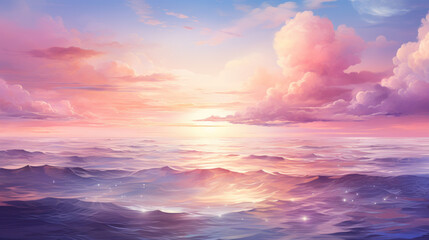 Obraz premium Drawing beach on sunset sky background. Summer vacation. Generative ai.