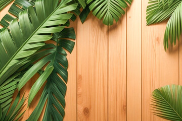 Palm leaf on a wooden surface background images with free spaces. Palm sunday vintage planked wood background for free text spaces
