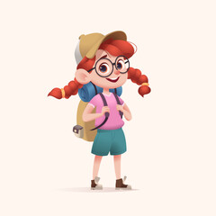 Young girl scout with backpack standing. Modern cartoon 3D style vector illustration.