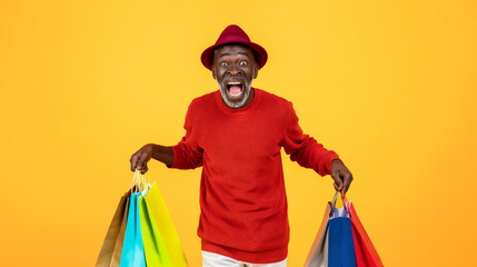 Shocked excited old black man shopaholic in hat with open mouth and many bags scream