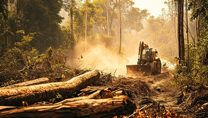 Tropical forest being cleared, an excavator clearing land of vegetation, dust in the air. The concept of deforestation and human impact on nature. - obrazy, fototapety, plakaty