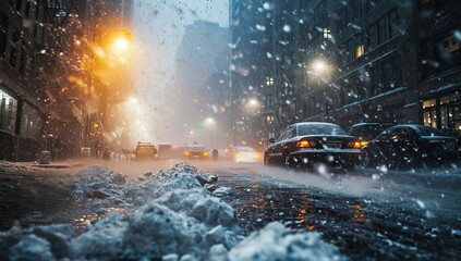 Winter city street during snowfall, cars, and street lamps.