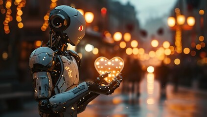 A robot holding a glowing heart against a backdrop of street lights. The concept of Valentine's day