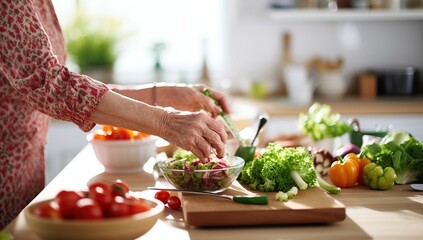 An elderly woman preparing a salad in the kitchen, surrounded by fresh vegetables. The concept of healthy eating and home cooking. - obrazy, fototapety, plakaty