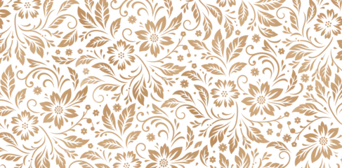 Fotobehang seamless patterned with florals ornaments golden colors isolated white backgrounds for textile wall papers, books cover, Digital interfaces, prints templates material cards invitation, wrapping papers © IchdaAlimul