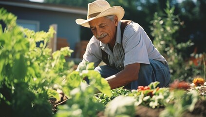 Naklejka na ściany i meble An elderly man in a hat is gardening, working in the vegetable garden. The concept of labor and plant care.