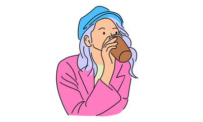 line art color of woman drinking a cup of hot drink