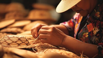 A woman weaves traditional straw hats. The concept of handicraft and tradition. - obrazy, fototapety, plakaty