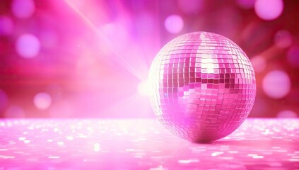 Fototapeta na wymiar A disco ball reflects pink light in a club. The concept of party and entertainment.