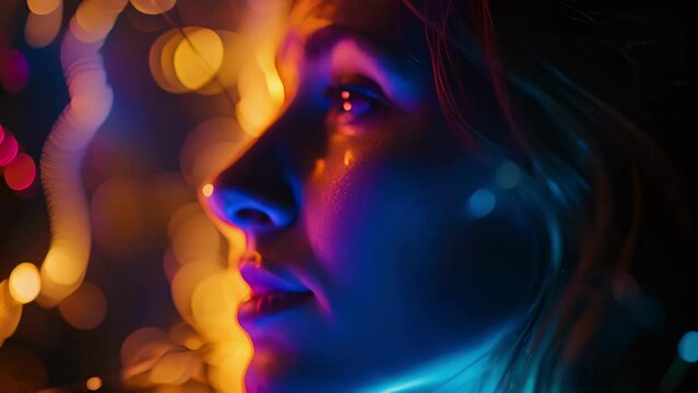 A side profile shot of a womans face, with neon spark flashes outlining her face shape and adding a dynamic element to the portrait.