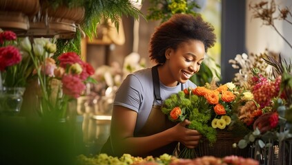 Young African American female florist smiling while arranging a bouquet in a flower shop. - obrazy, fototapety, plakaty