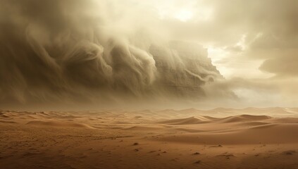 Sandstorm approaching the desert, creating a powerful wall of dust. The concept of force and inevitability of natural phenomena. - obrazy, fototapety, plakaty