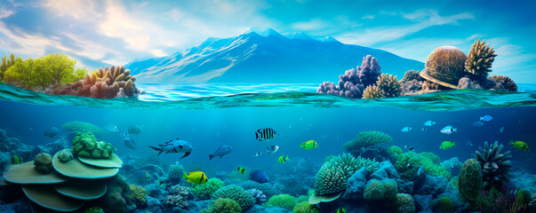 Fototapeta na wymiar Panoramic view of an underwater world with a majestic mountainous landscape above it. Marine life swimming above a rich coral reef teeming with fish. Ecosystem. Travel. Diving, snorkeling.