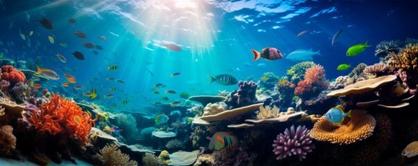 Fototapeta na wymiar Panoramic view of an underwater world with a majestic mountainous landscape above it. Marine life swimming above a rich coral reef teeming with fish. Ecosystem. Travel. Diving, snorkeling.