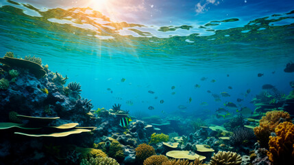 A tranquil underwater landscape rich in diverse coral colorful reefs and teeming with marine life with schools of fish in the marine ocean. biodiversity of ocean life. Environmental conservation