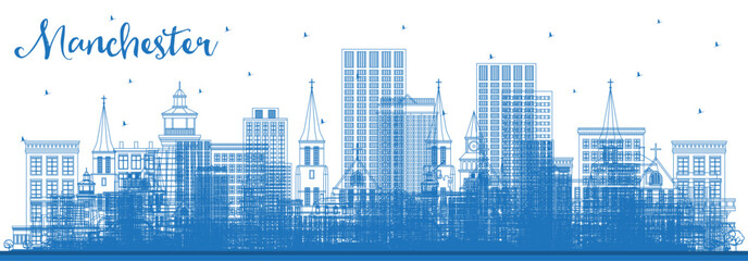 Outline Manchester New Hampshire City Skyline with Blue Buildings. Business Travel and Tourism Concept with Historic and Modern Architecture. Manchester USA Cityscape with Landmarks.