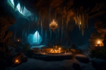 Obraz premium An enchanting fantasy scene set within a mystical cave, illuminated by otherworldly light sources, featuring fantastical elements like glowing crystals, ancient runes, and ethereal mist