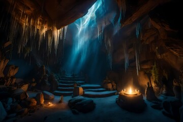 An enchanting fantasy scene set within a mystical cave, illuminated by otherworldly light sources, featuring fantastical elements like glowing crystals, ancient runes, and ethereal mist - obrazy, fototapety, plakaty