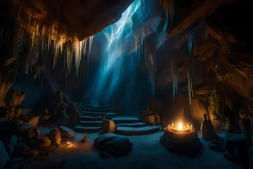 Zelfklevend Fotobehang An enchanting fantasy scene set within a mystical cave, illuminated by otherworldly light sources, featuring fantastical elements like glowing crystals, ancient runes, and ethereal mist © Dawood