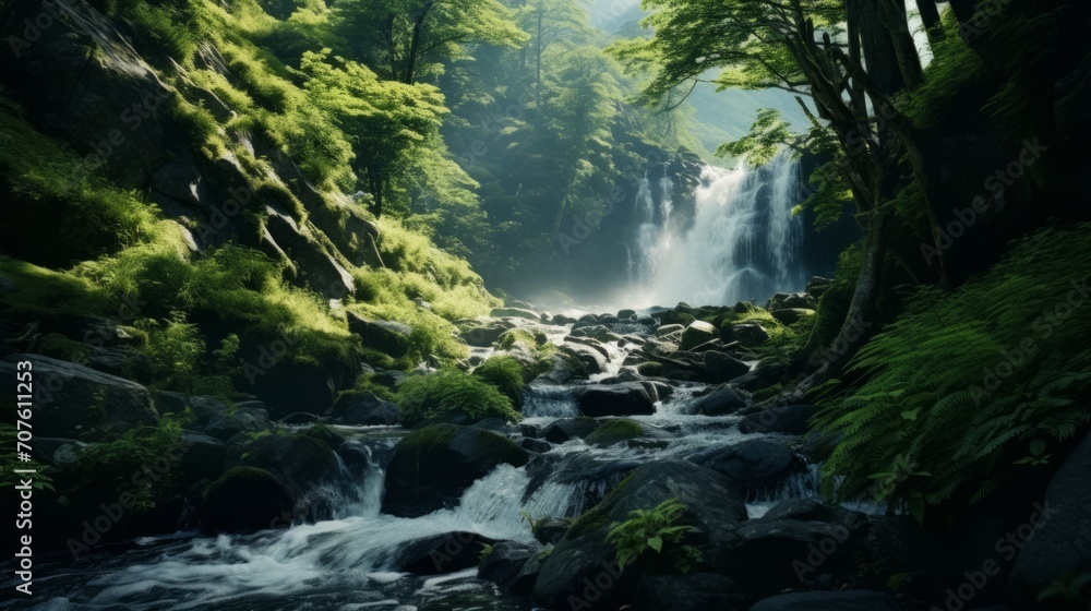 Poster a cascading waterfall tumbling down sheer cliffs into a pristine mountain stream, amidst lush vegeta