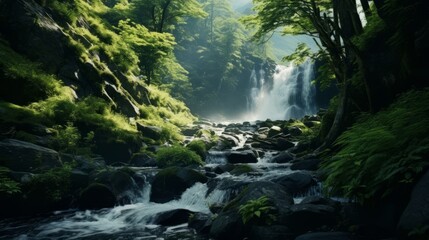 A cascading waterfall tumbling down sheer cliffs into a pristine mountain stream, amidst lush...