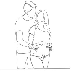 Pregnant girl and her husband. Couple family one continuous line drawing. Simple design vector illustration