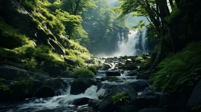A cascading waterfall tumbling down sheer cliffs into a pristine mountain stream, amidst lush vegetation. Generative AI