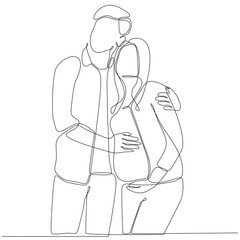 Pregnant girl and her husband. Couple family one continuous line drawing. Simple design vector illustration