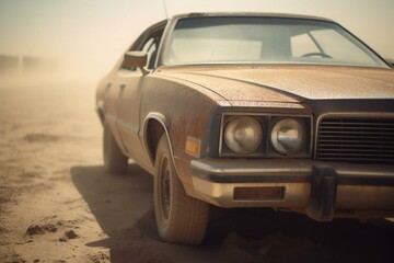 Fototapeta na wymiar Close-up view of a car in a dusty, desert-like region. Generative AI